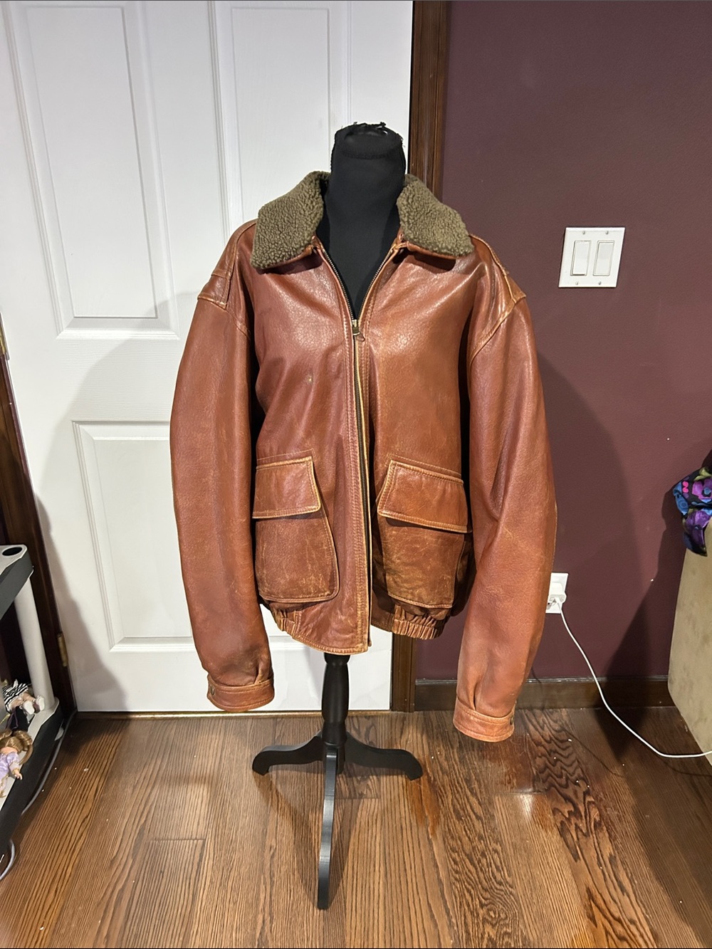 Vtg Wilsons Leather Brown Bomber Jacket with Olive Shearling Collar jacket XXL
